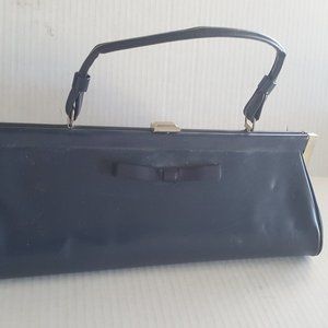 Vintage Navy Blue Leather Snap Handbag Purse Bow Detail Mid Century Gold Trim